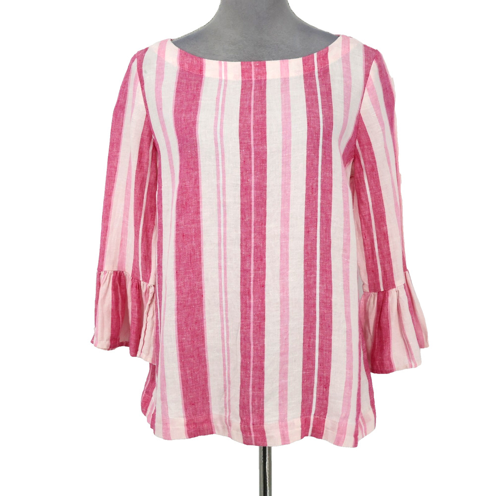 Charter Club Top Womens Small White Pink Stripe Linen Blouse Tunic Bell Sleeves